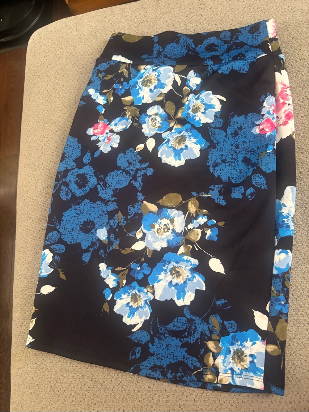 Floral Pencil Skirt in Navy with Blue & White Blooms